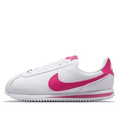 (GS) Nike Cortez Basic SL 'White Pink Prime' 904764-109 (SNKR/Retro/Low Top) White Retro Sneakers For School, Nike Cortez, Stylish Sneakers, Low Top, Nike, Sneakers, Pink, Leather, White