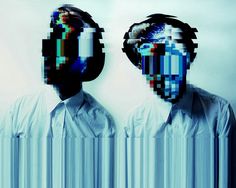 two men with their faces made up of different colored squares and lines in front of them