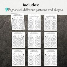 the printable worksheet includes 9 pages with different patterns and shapes for each letter