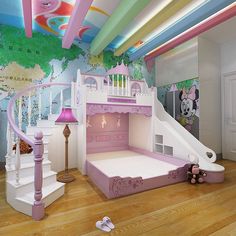 a child's bedroom decorated in pastel colors with stairs leading up to the bed