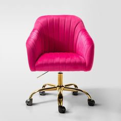 a pink office chair with wheels and casteors on an isolated white background in front of a wall