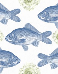 three blue fish on a white background with green and yellow flowers in the foreground