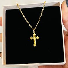 Lovely Gold Plated Cross Necklace Chain Size - 2mm  Charm: 22 x 14 mm This Jewellery comes in a pouch ready for gifting. Upgrade to box here: https://www.etsy.com/uk/listing/1534147075/add-a-gift-box-to-your-order Please select the necklace length and style from the drop-down box during checkout. You may also like other cross necklaces we have, click below links 1. https://www.etsy.com/uk/listing/1505096644/gold-plated-jesus-cross-necklace-tarnish 2. https://www.etsy.com/uk/listing/1505105296/18 Crucifix Necklace With Adjustable Chain For Gift, Crucifix Clavicle Chain Jewelry For Gift, Gold Cross Necklace With Adjustable Chain As Gift, Crucifix Clavicle Chain Jewelry Gift, Gift Crucifix Necklace With Clavicle Chain, Gold Cross Pendant Necklace For Gift, Nickel-free Crucifix Jewelry Gift, Gold Necklace Nickel Free For Gifts, Gold Nickel-free Necklace For Gifts