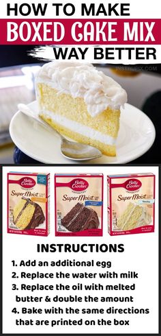 the instructions for how to make boxed cake mix in 3 easy steps, including baking instructions