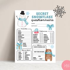 a printable snowflake question sheet with a cartoon character on the front and back