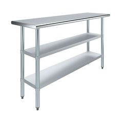 a stainless steel table with two shelves on each side and one shelf below the counter