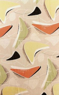 an abstract pattern with orange, yellow and green shapes on a beige background is shown