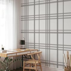 Carolina Wallpaper by Wall Blush in a modern home office, showcasing elegant plaid design focus. Grey Plaid Wallpaper, Orange Peel Wall Texture, Wall Blush, Orange Peel Texture, Concrete Wallpaper, Plaid Wallpaper, Peel And Stick Vinyl, Minimal Modern, Modern Wallpaper