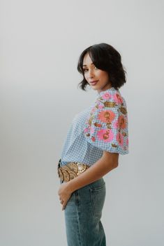 Bethany Top – Goldie Lew Jewelry Summer Embroidered Top With Blouson Sleeves, Day Out Floral Embroidered Short Sleeve Top, Floral Embroidered Short Sleeve Top For Day Out, Gingham Puff Sleeve Top For Fall, Chic Cotton Blouse With Embroidered Sleeves, Floral Embroidered Short Sleeve Tops For Brunch, Chic Short Sleeve Peasant Top For Spring, Chic Spring Top With Embroidered Neckline, Spring Top With Embroidered Puff Sleeves