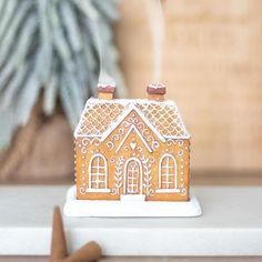 a gingerbread house is sitting on a table next to some cinnamon sticks and a potted plant