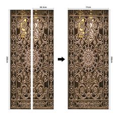 the size and width of an ornate door with carvings on it, as well as measurements for