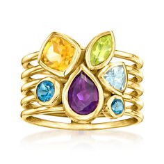 Ross-Simons - 1.80 ct. t. w. Multi-Gemstone Ring Pear Cut in 18kt Gold Over Sterling. Size 9. An RS exclusive. Sprinkled with colorful sparkle, this multi-row ring delivers the stacked look on one great style! 1.80 ct. tot. gem wt. multi-shaped amethyst, citrine, sky blue topaz, peridot and London blue topaz gems shine in polished 18kt yellow gold over sterling silver. 1/2" wide. Multi-gemstone ring. Peridot birthstones are the perfect gift for August birthdays. August Birthdays, Multi Gem Ring, Peridot Birthstone, Multi Gemstone Ring, Sky Blue Topaz, Citrine Stone, Yellow Stone, Ring Pictures, Dream Ring