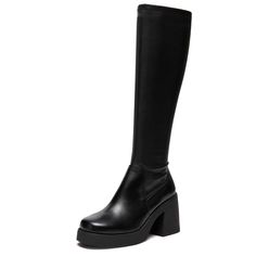 PRICES MAY VARY. Black knee high boots heel height: 8.2cm/3.25", platform height: 2.54cm/1", shaft height: 36cm/14.17", elastic opening: 37cm/14.57in Premium veagn leather upper and soft microfiber fabric lining, the cushioned padded insole can rest assured. Round-toe chunky block heel boots feature side zipper closure with stretch gore closure, easy to put on and take off. Designer style, suitable for you to wear on a variety of occasions such as daily casual, formal business ,holiday and so on 70s Gogo Boots, Chunky Knee High Boots, Knee High Black Boots, High Boots For Women, Black Leather Knee High Boots, Stretch Boots, Burgundy Boots, Boots Heel, Leather Knee High Boots