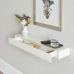 Entryway Floating Shelves, Wall Shelf With Drawer, Shelf With Drawer, Hallway Shelf, Floating Shelf With Drawer, Floating Drawer, Small Entryways, Rustic Wood Walls, Wood Wall Shelf