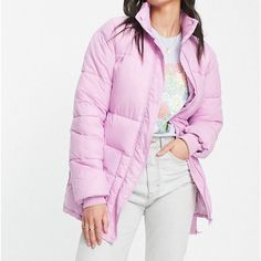 Gorgeous Pink Color Gives This Puffer A Super Girly Vibe Trendy Purple Hooded Outerwear, Purple Long Sleeve Outerwear For Cold Weather, Long Sleeve Purple Outerwear For Cold Weather, Trendy Purple Outerwear, Casual Purple Outerwear For Cold Weather, Pink Long Sleeve Puffer Outerwear, Casual Purple Puffer Jacket For Fall, Purple Puffer Jacket For Fall And Cold Weather, Purple Outerwear For Cold Weather In Spring