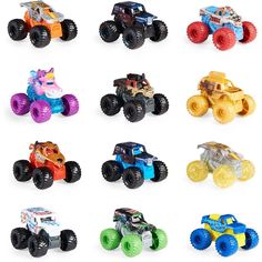 the monster trucks are all different colors and sizes