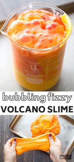 this is an image of a frozen volcano slime in a blender with text overlay that reads, bubbleling fizzyy volcano slime