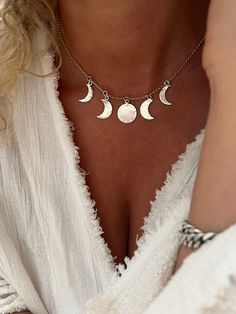 Witch Accessories Jewelry, Dainty Silver Moon Charm Necklace, Dainty Silver Moon Charm Necklaces, Sterling Silver Moon Phase Charm Necklaces, Silver Moon-shaped Clavicle Chain Charm Necklace, Sterling Silver Moon Phase Necklace, Silver Moon Charm Necklace With Adjustable Chain, Silver Crescent Moon Phase Charm Necklace, Sterling Silver Half Moon Charm Necklace