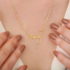 "Surprise your loved one with a truly special gift - the 14k Gold Emily Letter Necklace. This one-of-a-kind Deliciate Customized Special Name Pendant is the perfect statement piece for any occasion. Whether it's for your partner, your child, or your best friend, this personalized necklace is sure to be cherished for years to come. Hidden content is love designed by PortoFineJewelry 🧤 Handmade All products are carefully crafted special designs. Feature that distinguishes our store from general jewelry stores are especially personalized designs, colored gemstones and diamond rings that are available for special occasions such as weddings, engagements and birthdays. We make new designs by following the trends with modern touches and prepare our products with love just for you. ✦ITEM DETAILS✦ Customized Yellow Gold Jewelry As A Gift, Customized Yellow Gold Jewelry For Gift, Customized Yellow Gold Jewelry Gift, Gold Jewelry With Names For Gifts, 14k Gold Signature Jewelry Gift, 14k Gold Signature Jewelry As Gift, Signature 14k Gold Jewelry As Gift, Signature 14k Gold Jewelry Gift, Signature Rose Gold Jewelry Gift