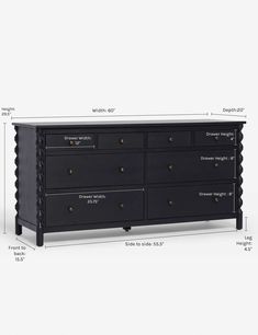 an image of a black dresser with measurements for the top and bottom drawers on it