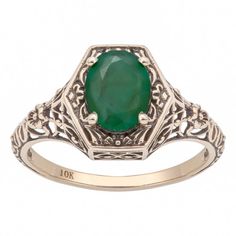 10k-yellow-gold-vintage-style-genuine-oval-emerald-filigree-ring Fine Jewelry Emerald Ring With Intricate Design, Gold Oval Gemstone Filigree Ring, Antique Gold Emerald Ring With Intricate Design, Victorian 14k Gold Oval Emerald Ring, Heirloom Oval Emerald Ring As May Birthstone, Heirloom Oval Emerald Ring Birthstone, Heirloom Oval Emerald Birthstone Ring, Classic 14k Gold Filigree Ring In Oval Shape, Fine Jewelry Yellow Gold Emerald Ring With Intricate Design