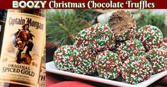 there is a bottle of boozy christmas chocolate truffles next to a plate of cookies