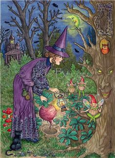 a painting of a woman dressed as a witch picking mushrooms from a tree in the woods