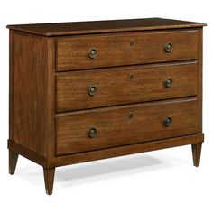 a wooden dresser with three drawers and two handles