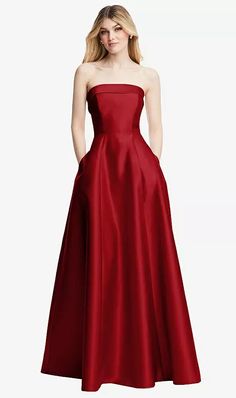 Strapless Bias Cuff Bodice Satin Bridesmaid Dress With Pockets In Garnet | The Dessy Group Formal Satin A-line Ball Gown, Evening A-line Gown With Satin Finish, Strapless Satin Bridesmaid Dress For Formal Occasions, Satin A-line Ball Gown With Fitted Bodice, Strapless Satin Dress With Ruched Bodice For Formal Events, Satin A-line Ball Gown, Formal Strapless Satin Dress With Ruched Bodice, Strapless Satin Dress With Pleated Bodice, Satin A-line Ball Gown For Evening