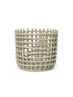 a white basket that is made out of wood and has some holes in the side