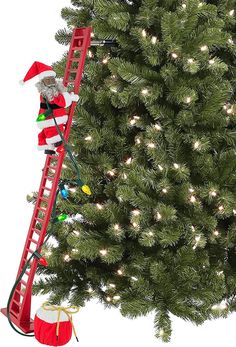 a santa clause climbing up the ladder to decorate a christmas tree with lights on it