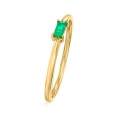 Ross-Simons - .10 Carat Emerald Ring in 14kt Yellow Gold. Size 6. RS Pure. Modern designs that complete your outfit and complement your personality. Yearning for color in your stack? Go with this dainty ring! It features a .10 carat baguette emerald stationed on the center of the simple 14kt yellow gold band. 1/16" wide. Emerald ring. Emerald birthstones are the perfect gift for May birthdays. Stackable 14k Gold Emerald-cut Birthstone Ring, 14k Gold Emerald Cut Stackable Birthstone Ring, 14k Gold Stackable Emerald-cut Rings For May Birthstone, 14k Gold Emerald-cut Stackable Rings For May Birthstone, Formal Emerald Cut Gemstone Stackable Rings, Elegant Green Stackable Rings, Classic Green 14k Gold Stackable Rings, Emerald Cut Solitaire Stackable Rings In 14k Gold, Classic Stackable Birthstone Ring With Emerald Cut