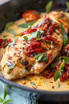 a close up of a plate of food with chicken and tomatoes on it's side