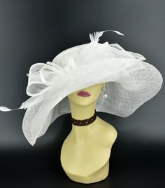 "✿*.Key Features.*✿ This is a floopy wide brim hat with big bows, two long sinamay ribbons and supper long trimmed feathers. You can wear it directly or add some accents you want, very stunning and beautiful hat. Great for Kentucky derby, weddings, church, Easter, Royal Ascot, horse races, cocktails, tea party, or any hat wearing occasion. Hat base size: From front to back around : 21\" (53cm) From left to right around : 21\" (53cm) Brim size appr:6-7.5\" Crown Deep: 4.5\" Head girth: 22.5(57cm) Chic White Hat Bands For Kentucky Derby, Formal Wide Brim Hats For Kentucky Derby, Elegant Flat Brim Sun Hat For Church, Formal Wide Brim Sun Hat For Royal Ascot, Formal Wide Brim Hat For Royal Ascot, Elegant Wide Brim Hats For Church, Elegant Summer Church Hats, Elegant High Crown Fedora For Kentucky Derby, Wide Brim Straw Hat For Royal Ascot Races