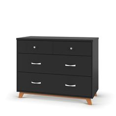 a black dresser with three drawers and two wooden legs