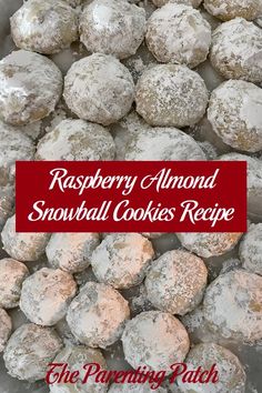 raspberry almond snowball cookies recipe with text overlay