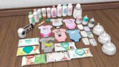 an assortment of baby products and personal care items laid out on a wooden floor next to each other