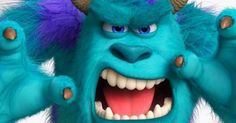 a blue monster with purple hair and horns on it's head is making an angry face