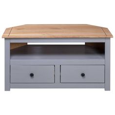 a grey coffee table with two drawers and a wooden shelf on the top, against a white background