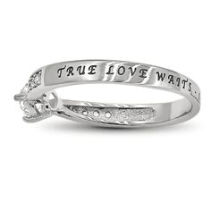 True Love Waits Ring for Women. This elegant women's purity ring with cubic zirconium stones is sure to be a special symbol and reminder that true love is worth waiting for. Engraved with "True love waits - 1 Tim 4:12" scripture with black enamel filling on the back side of the ring, it's a beautiful purity ring for teenage girls or abstinence ring for women that she is sure to wear everywhere. Women's purity rings symbolize the covenant as a woman of God to honor His will in all ways. Whether y Inspirational Silver Promise Ring, Meaningful Stackable Promise Rings, Inspirational Promise Jewelry, Meaningful Round Promise Ring, Inspirational Silver Rings For Anniversary, Personalized Cubic Zirconia Promise Ring, Engraved Promise Ring With Hallmark, Cubic Zirconia Engraved Ring For Promise, Stainless Steel Rings For Valentine's Day Anniversary