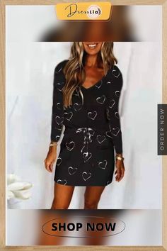 Printed V-neck Pocket Sexy Lace-up Long-sleeved Dress Black Long Sleeve V-neck Dress For Summer, Casual V-neck Mini Dress For Party, Casual V-neck Bodycon Dress For Party, Casual Mini V-neck Dress For Parties, Casual Mini V-neck Party Dress, Casual V-neck Mini Dress For Going Out, Casual Long Sleeve Bodycon Dress For Going Out, Casual V-neck Dress For Night Out, Trendy Black V-neck Bodycon Dress