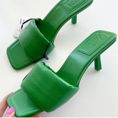 38/7.5 Goat Leather Heels: 3.1 In Green Open Toe Sandals With Sculpted Heel, Green Leather Heels With Reinforced Heel, Trendy Green Open-heel Mules, Trendy Leather Sandals With Square Toe, Green Open Toe Leather Mules, Green Leather Open Toe Mules, Green Leather Mules For Party, Chic Green Sandals With Round Toe, Green Leather Mules With Open Heel