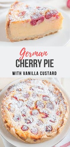 a close up of a pie on a plate with the words german cherry pie written below