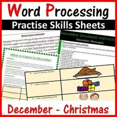 word processing practice sheets for december with christmas themed words and pictures on the front cover