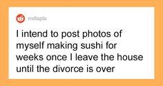 an orange frame with the words i intend to post photos of my self making sushi for weeks once i leave the house until the divore is over