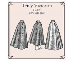 Truly Victorian TV299 - 1901 Split Skirt PRINT AT HOME sewing pattern on Letter or A4 paper.  Also includes AO format for professional printing.  Direct from trulyvictorian.com This pattern for a split skirt is taken from a tailoring guide of 1901. The Split Riding Skirt is ankle length, and the Bicycle Skirt is calf length. The center front has buttons to close the split. The center back has double box pleats to hide the split legs. There are two side front plackets with flaps for the closure. Victorian Split Skirt Pattern, Victorian Split Skirt, Victorian Skirt Pattern, Split Riding Skirt, Split Skirt Pattern, Bicycle Skirt, Split Side Skirt, Truly Victorian, Riding Skirt