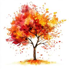 a tree with lots of leaves on it's branches in the fall season, painted by watercolors