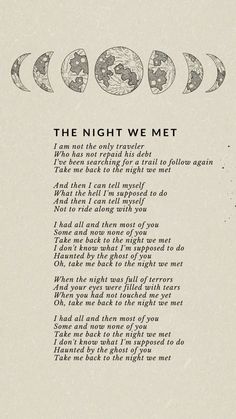 the night we met poem written in black and white with four moon phases on it