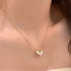 Luxury Romantic Edge Heart-Shaped Pendant Necklace Dainty14k Gold Plated Alloy Heart Shaped Pendant Necklace. Perfect Gift For Valentine’s Day! White Heart Necklace With Clavicle Chain As Gift, White Heart Clavicle Chain Necklace As Gift, White Heart Pendant Necklace With Clavicle Chain, White Heart Pendant Clavicle Chain Jewelry, White Heart Pendant Clavicle Chain, White Necklace For Valentine's Day, White Heart Necklace For Wedding, Dainty White Heart Pendant Necklace, Dainty White Heart-shaped Necklace