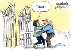 a cartoon depicting two people hugging in front of an iron gate with a thought bubble above them